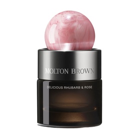 Molton Brown Delicious Rhubarb & Rose Eau de Parfum 30ml, dark glass bottle with pink marbled sphere cap