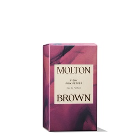 Molton Brown Fiery Pink Pepper Eau de Parfum 30ml box in deep burgundy marbled print with gold text detail.