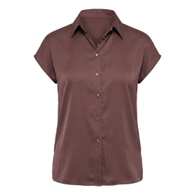 Forever New short-sleeve satin shirt in Chocolate Brownie, featuring a classic collar and button-front fastening