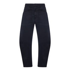 Nili Lotan navy cotton trousers with relaxed tapered leg, elasticated waistband and curved silhouette