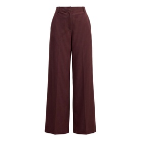 Forever New berry pinstripe wide-leg trousers with high waist and front pleat detail, flat lay view.