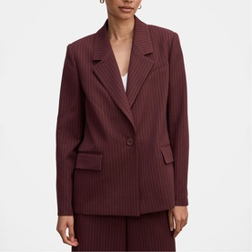 Model wearing Forever New berry pinstripe blazer with single button fastening and flap pockets, styled with matching trousers