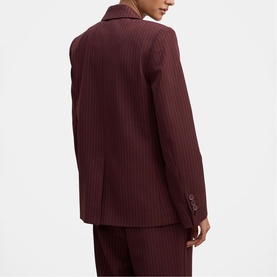Model wearing Forever New berry pinstripe blazer, back view, styled with matching trousers