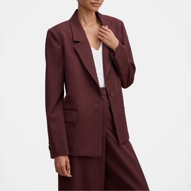 Model wearing Forever New berry pinstripe blazer with matching wide-leg trousers and white V-neck top