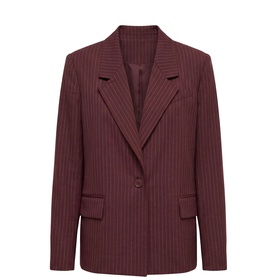 Forever New berry pinstripe blazer with notched lapels, single-button fastening, and flap pockets