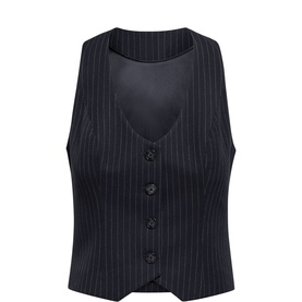 Forever New navy pinstripe tailored waistcoat with V-neckline and button-front fastening, flat lay