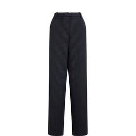 Forever New navy stripe wide-leg tailored trousers with pinstripe detail and elasticated waistband, flat lay view.