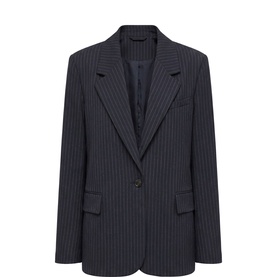 Forever New navy pinstripe tailored blazer with notched lapels, single button fastening, and flap pockets