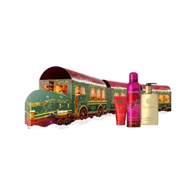 Rituals Premium Advent Calendar in festive train-shaped box with beauty products including body mist and lotion displayed alongside