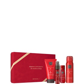Rituals The Ritual of Ayurveda Small Gift Set with red box, body scrub, hair mist, oil, and dry shampoo spray