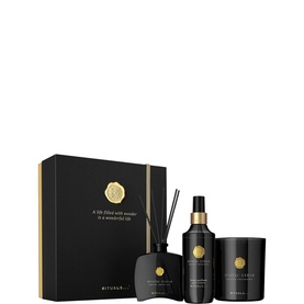 Rituals Private Collection Mystic Cedar Gift Set with reed diffuser, body mist, and candle in black and gold packaging