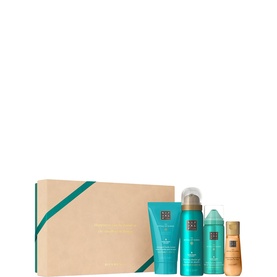 Rituals The Ritual of Karma Small Gift Set with body scrub, body foam, and fragrance mist in teal packaging with ribbon
