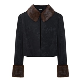 Rixo London black viscose jacket with brown faux fur collar and cuff trim, cropped silhouette, button fastening