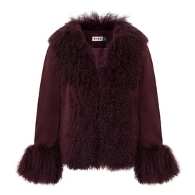 Rixo London maroon lamb suede jacket with shearling lapels and cuffs, relaxed fit with open front