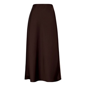Forever New chocolate satin midi skirt with A-line silhouette and elasticated waistband, ghost shot on white background