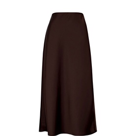 Forever New chocolate satin midi skirt with A-line silhouette and elasticated waistband, ghost shot on white background