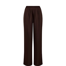 Forever New chocolate wide-leg satin trousers with elasticated waistband, flat-lay product shot.