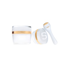Sisley skincare set featuring a white and gold face cream jar with applicator tool, presented as a two-piece beauty collection