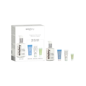 Sisley Skincare Set featuring large pump bottle and four miniature travel-size products in white and blue packaging