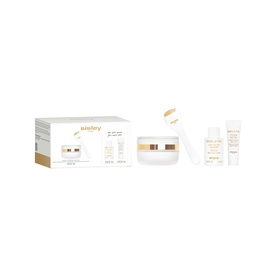 Sisley skincare gift set in white and gold packaging, including a large cream jar and two miniature products