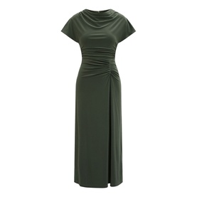 Forever New Thyme Green midi dress with cowl neck, short sleeves, ruched waist detail and front split, ghost mannequin shot