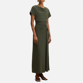 Model wearing Forever New Thyme Green maxi dress with cowl neckline, short sleeves, and ruched waist detail