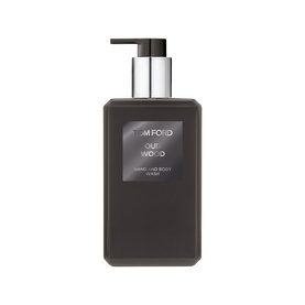 Tom Ford Oud Wood Hand and Body Wash in a dark brown pump dispenser bottle with silver pump top