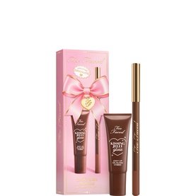 Too Faced Chocolate Mousse Lip Kit Gift Set featuring lip gloss, liner, and pink ribbon gift box packaging