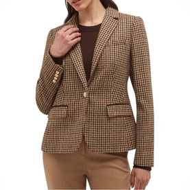 Model wearing Hobbs brown multi houndstooth check blazer with gold button detail, styled with tan trousers and brown top