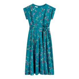Hobbs lagoon multi floral print midi dress with short sleeves, tie waist, and full skirt
