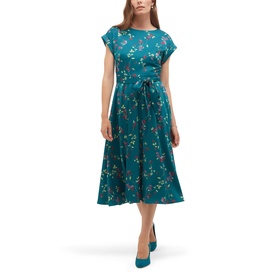 Model wearing Hobbs lagoon multi floral midi dress with cap sleeves, tie waist, and full skirt, styled with teal heels