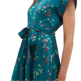 Model wearing Hobbs lagoon multi floral print dress with flutter sleeves and tie waist belt, A-line silhouette