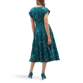 Model wearing Hobbs lagoon multi floral midi dress, cap sleeves, fitted bodice and full skirt, shown from rear, styled with teal heels