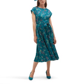 Model wearing Hobbs lagoon multi floral print midi dress with cap sleeves and tie waist, styled with teal court shoes