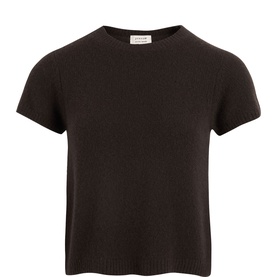 Jigsaw Cashmere Knitted T-Shirt in brown with cap sleeves, ribbed crew neck and hem, laid flat