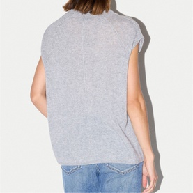 Model wearing Jigsaw Grey Melange sleeveless knit top, back view, styled with light blue jeans.