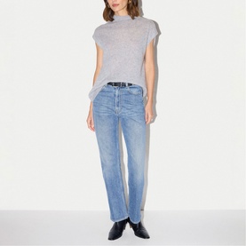 Model wearing Jigsaw Grey Melange sleeveless top with mock neck, styled with light blue wide-leg jeans and dark belt.