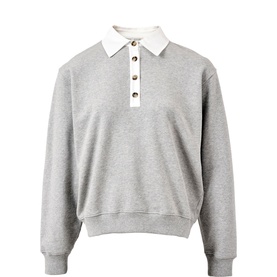 Jigsaw grey marl polo sweatshirt with cream collar, tortoiseshell buttons, and ribbed cuffs and hem