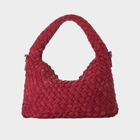 Dune Dinkydeliberate Mini Woven Tote Bag in berry, textured woven synthetic with gold-tone hardware and top handle