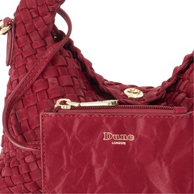 Dune berry woven fabric shoulder bag with gold-tone zip detail and zip-fastening front pocket, adjustable strap visible