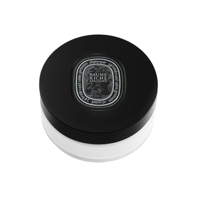 Diptyque Baume Riche Apaisant body balm in a large round black-lidded white pot with embossed label