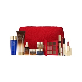 Estee Lauder Train Case Blockbuster 12-Piece Gift Set with red boucl&eacute; pouch, skincare, serum, eyeshadow palette, lipstick, and lip gloss