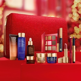 Est&eacute;e Lauder Train Case Blockbuster 12-Piece Gift Set with red shimmer case, skincare, eyeshadow palette, mascara and lipstick