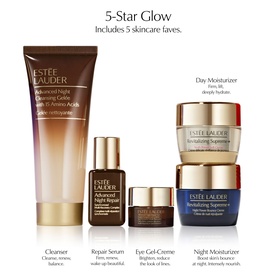 Estee Lauder 5-Star Glow skincare set with cleanser, repair serum, eye gel-cr&egrave;me, day moisturiser and night moisturiser displayed together.