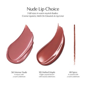 Estee Lauder Nude Lip Choice set showing three lip product swatches: mauve, caramel brown, and caramel shades in lipstick, gloss, and liner