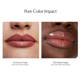 Estee Lauder Pure Color lip shades 561 Intense Nude and 185 Melted Maple shown in close-up on two models' lips