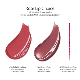 Est&eacute;e Lauder Rose Lip Choice set showing three lip product swatches in soft rose shades: 420 Rebellious Rose, 156 Melted Rose, and 420 Rebellious
