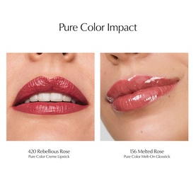 Estee Lauder Pure Color Impact lip swatch comparison showing 420 Rebellious Rose Cr&egrave;me Lipstick and 156 Melted Rose Melt-On Gloss