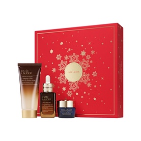 Estee Lauder Advanced Night Repair Skincare Gift Set in red snowflake-print box with serum, cream, and cleanser
