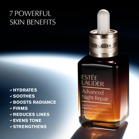 Estee Lauder Advanced Night Repair Skincare Gift Set dark amber serum bottle with dropper, listing 7 powerful skin benefits on dark background.